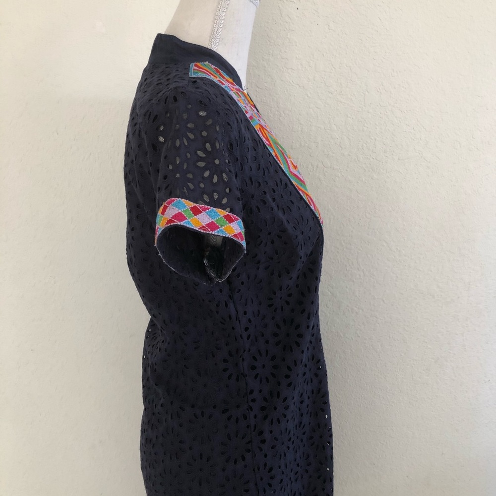 Batik Blue Dress Short Sleeve Aztec Embroidery - Picture 3 of 11